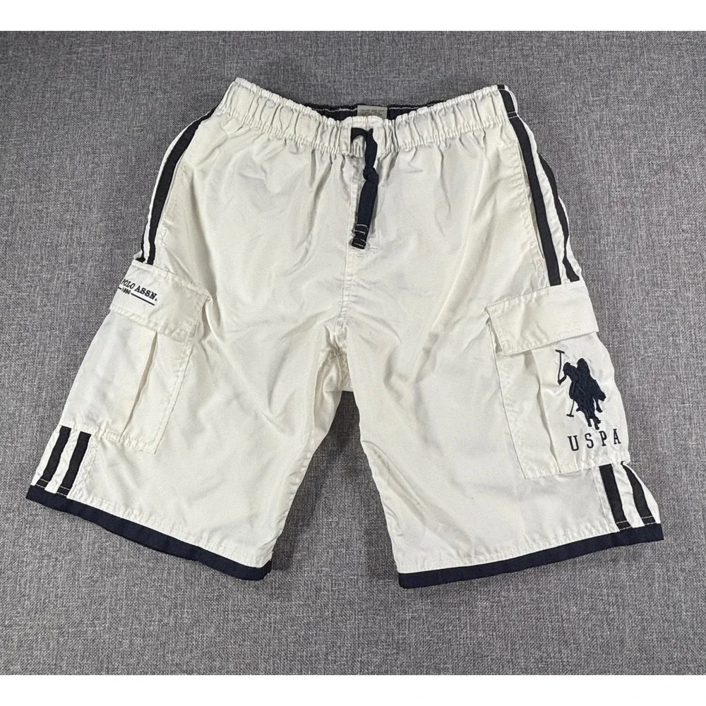 U.S. Polo Assn. Mens Cargo Swim Trunks Small White Navy Y2K Preppy Board Shorts
